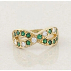 14k Yellow Gold Synthetic Green Emerald and Natural Diamond Ring Size 7 1/2